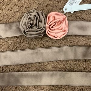 Taupe Silk Wrap Belt with Rose Embellishment